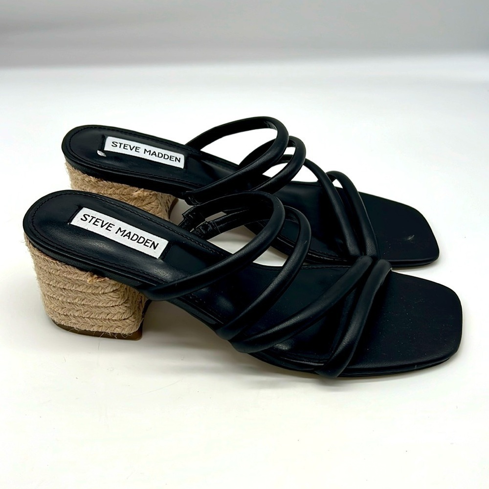 Steve Madden - Icon Black Strappy Espadrille Block Heel Mules Sandals Size 8.5